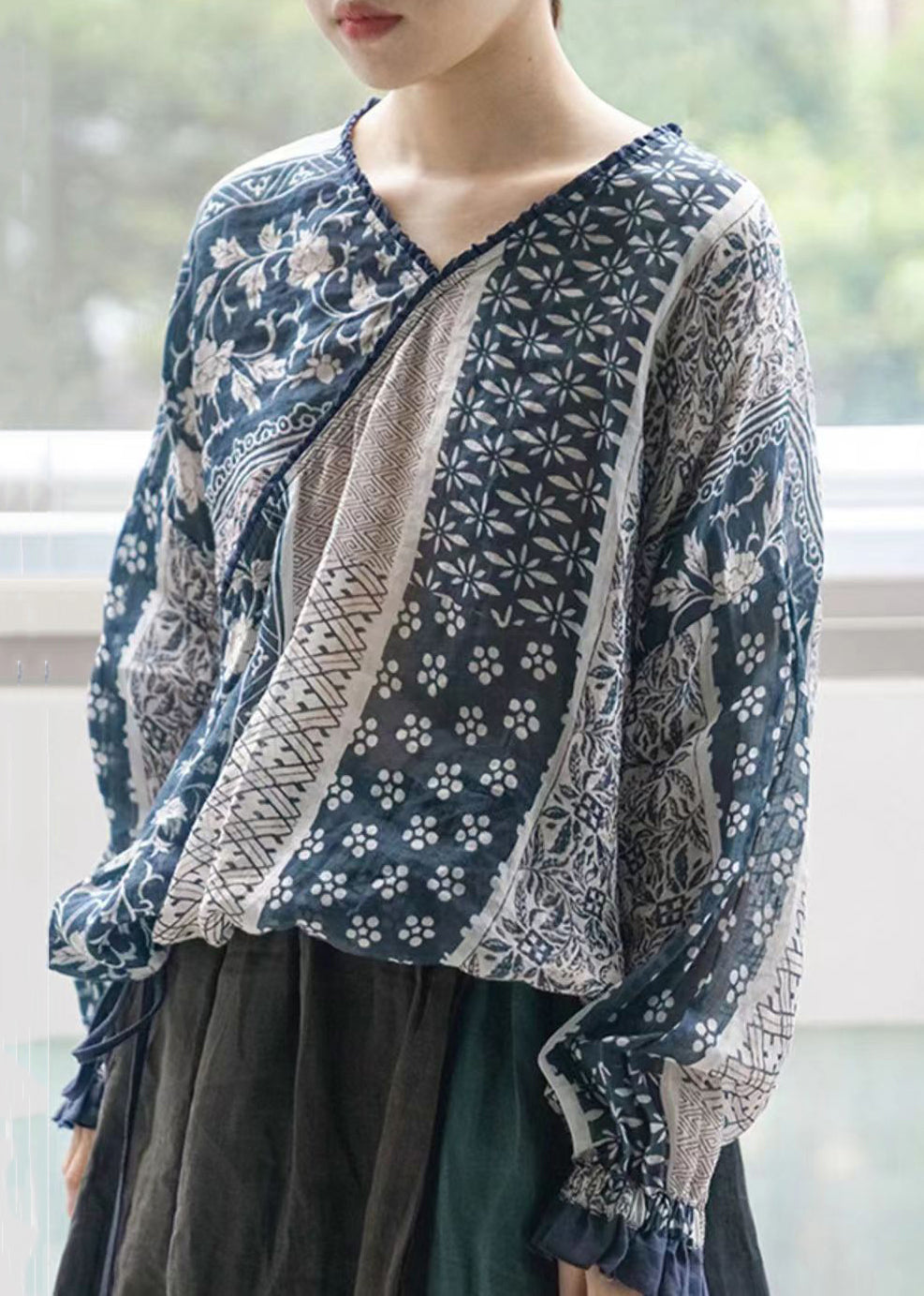 Art Blue V Neck Print Lace Up Cotton Shirt Long Sleeve SS033