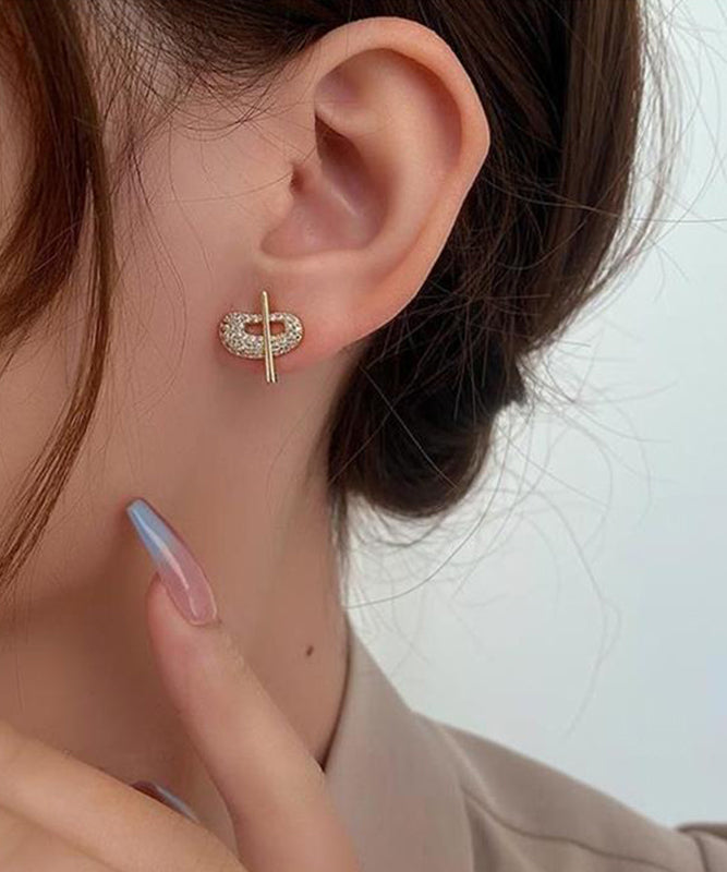 Art Gold 14K Gold Zircon Asymmetric Chinese Characters Stud Earrings TX021