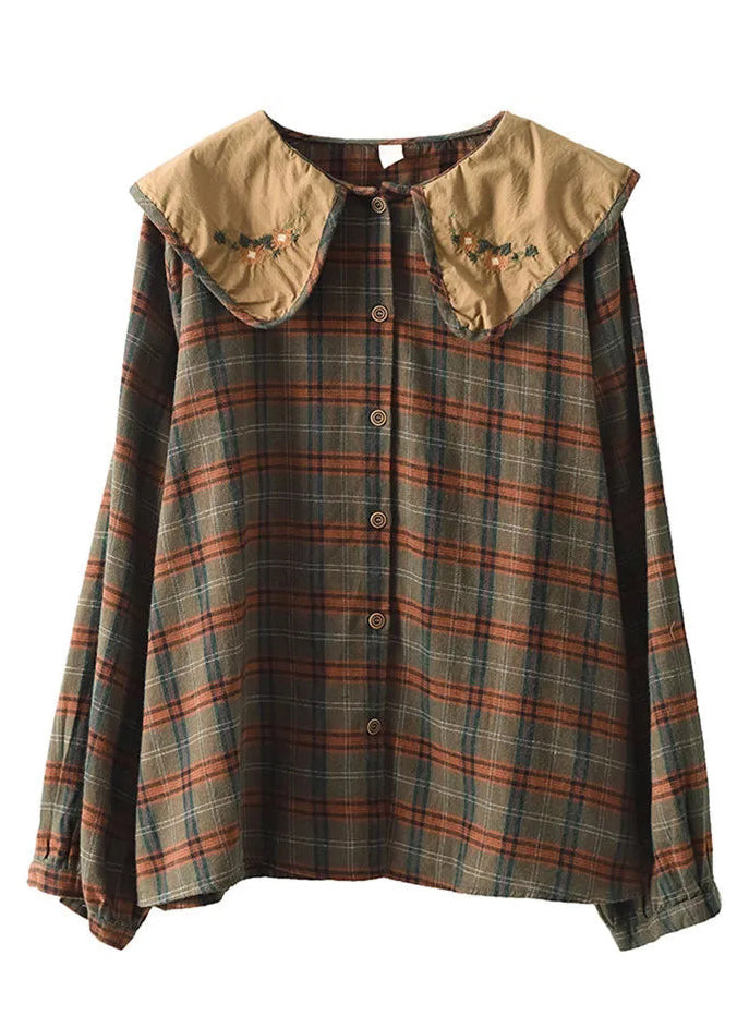 Green Art Embroidered Spring Plaid Blouses Cotton