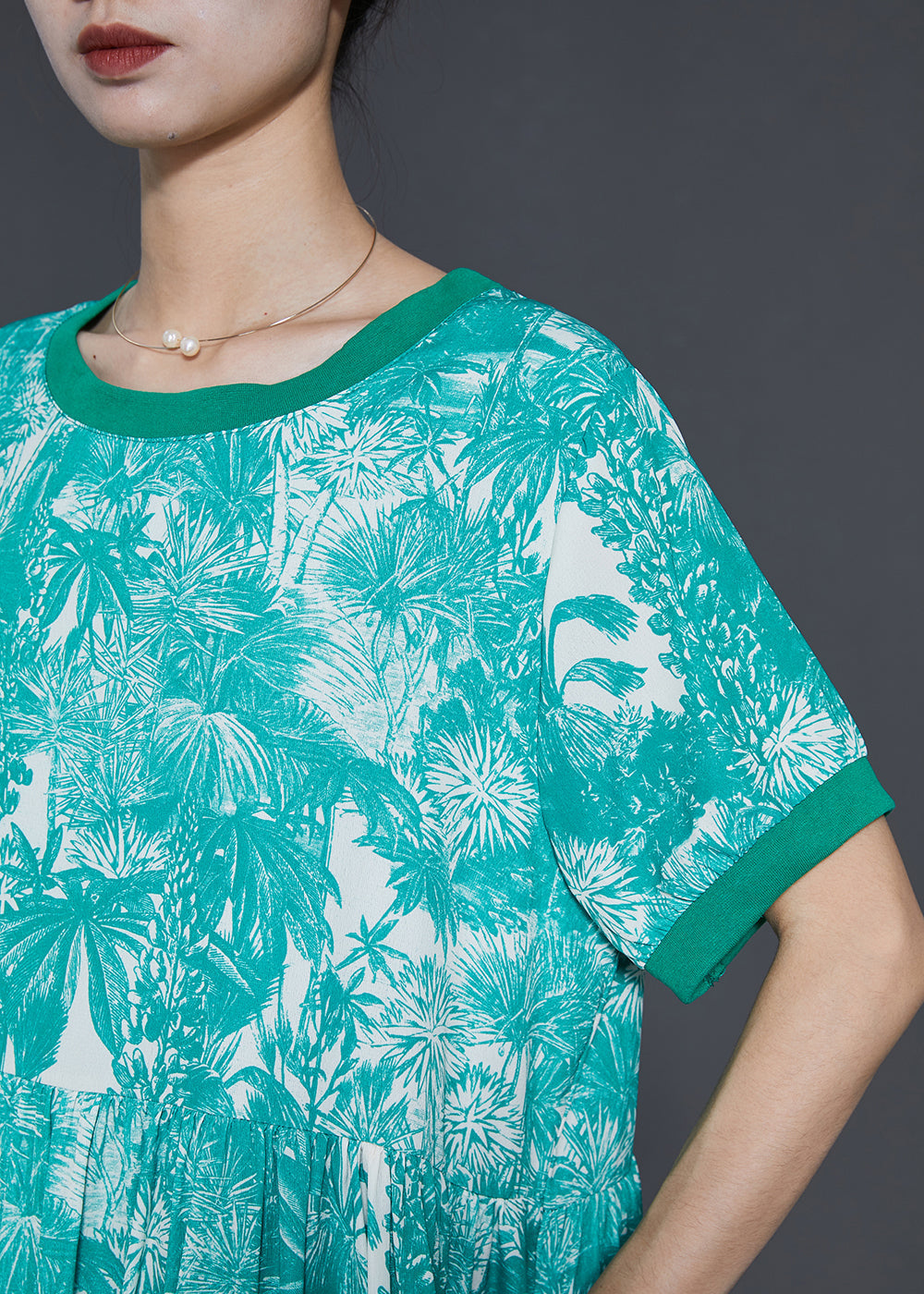 Art Grün Print Extra Großer Saum Chiffon Kleid Sommer SD1060