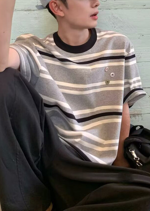 O Grey Neck Men Shirts Art Striped Cotton Summer T