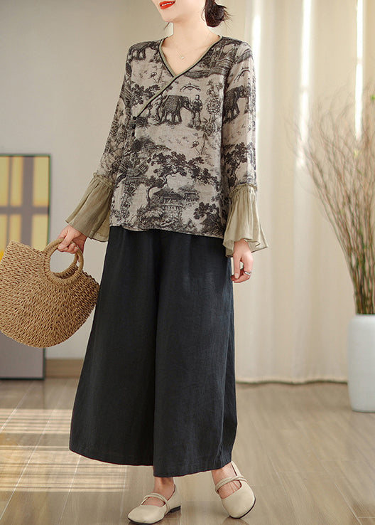 Art Grey Print Patchwork Linen Shirt Tops Flare Sleeve TM021