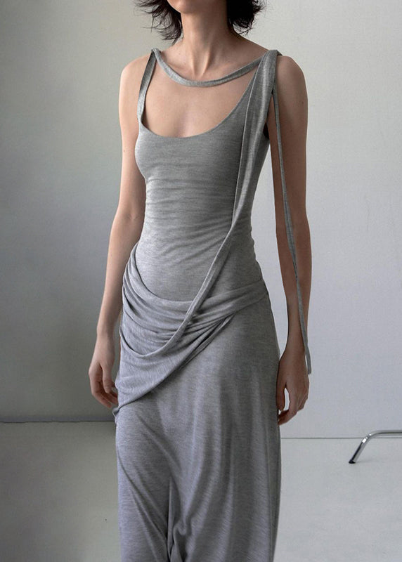Strap Dress Spaghetti Grey Solid Wrinkled Sleeveless Cotton Art
