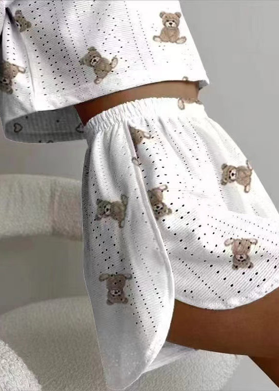 Print Piece Art Out Cotton Womens Summer Two Set Pajamas Hollow