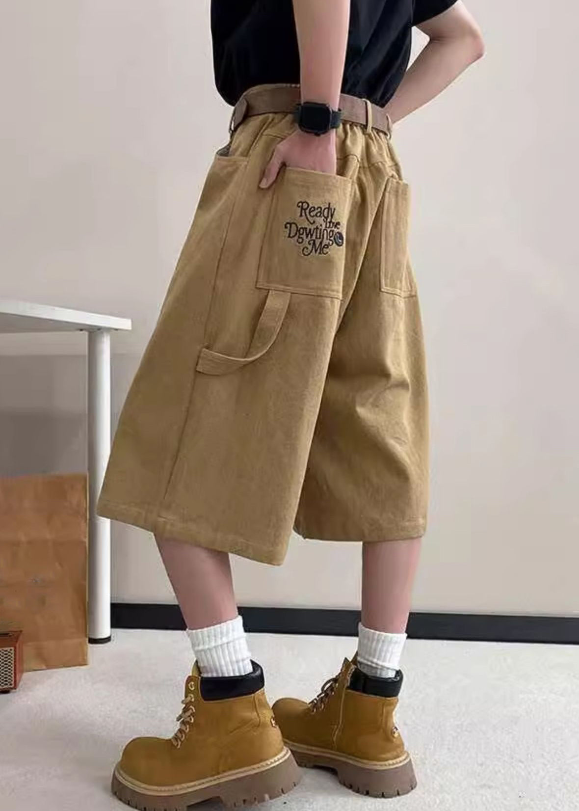 Summer Mens Waist Art Khaki Pants Crop Pockets High Letter