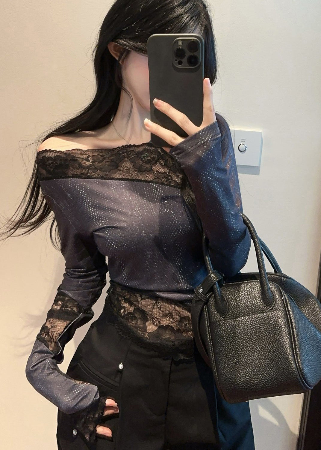 Art Navy Asymmetrical Patchwork Cold Shoulder Top Spring YP013