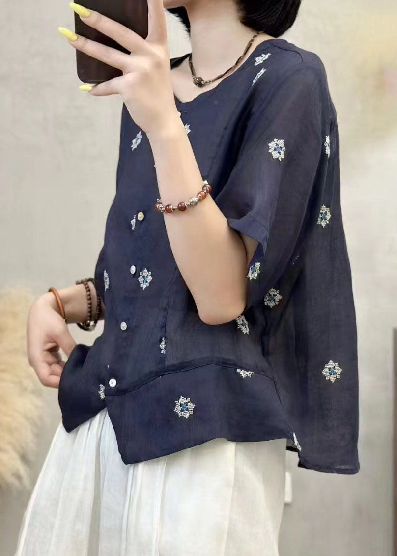 Navy Linen Summer Art Embroidered Top Patchwork Shirt