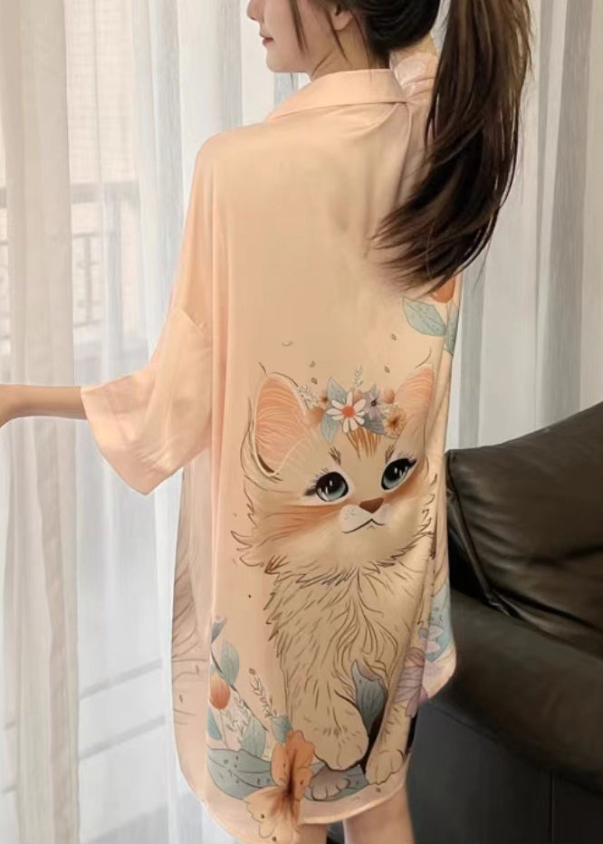 Art Orange Peter Pan Collar Print Ice Silk Pajamas Blouses Dress Spring YK013