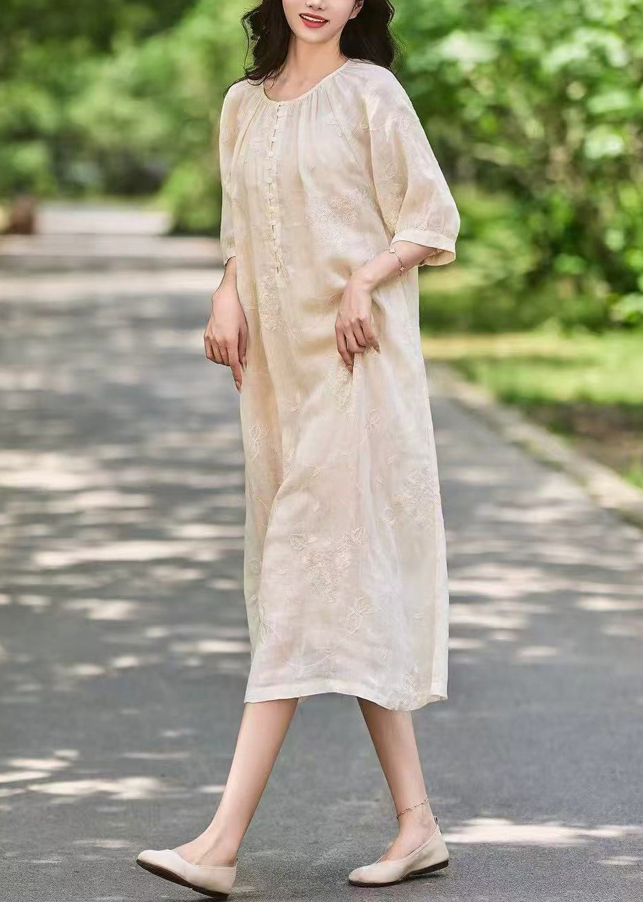 Half Art Dress Embroidered Pockets Pink Sleeve Linen Button Long