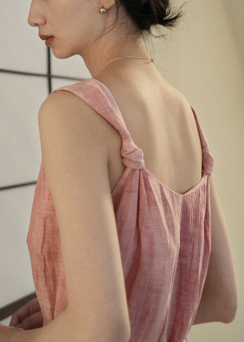 Art On Pink Sides Linen Waist Both Tie Wear Dress Spaghetti Strap