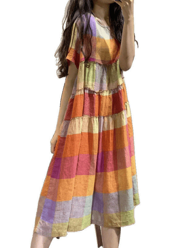 Art Plaid Rainbow Linen Dress Summer Ruffled