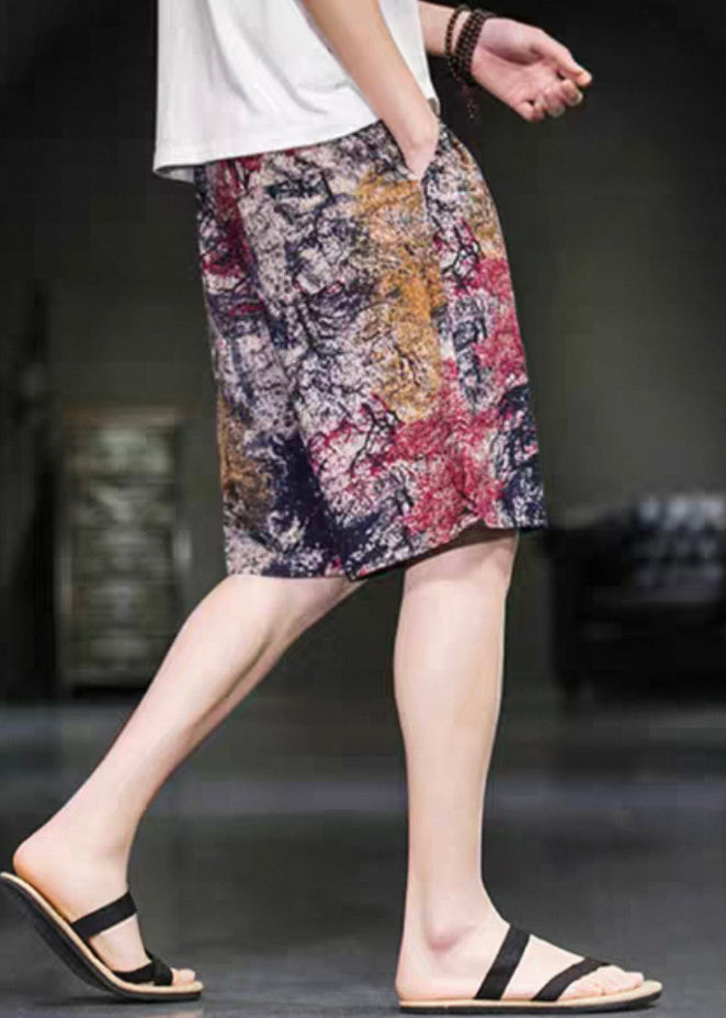 Red Cotton Art Waist Print Men Elastic Summer Pants