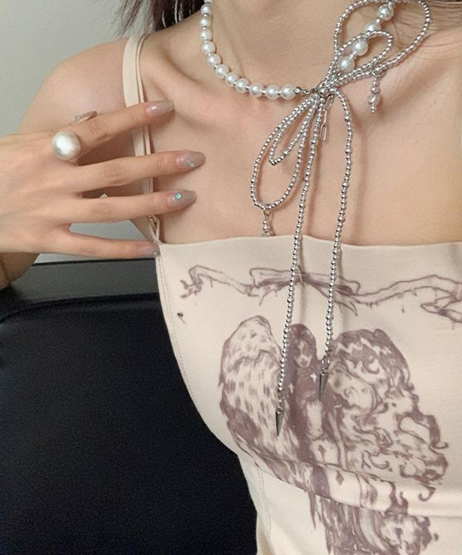 Art Silk Stainless Steel Pearl Bow Tie Lac Pendant Necklace YA017