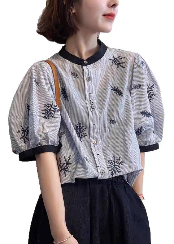 Striped Blouses Summer O Cotton Art Neck Patchwork Embroidered