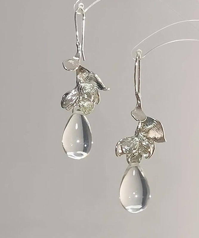 Art Earrings Leaves Water Drop Alloy White Glass Droplet
