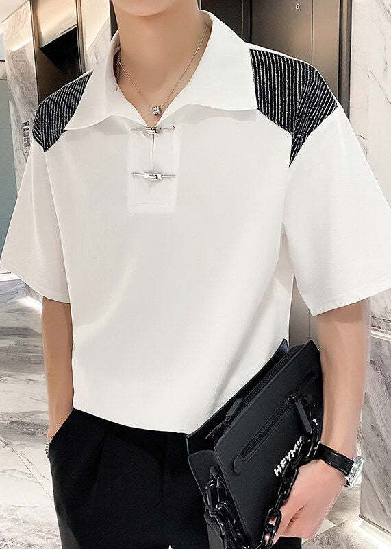 White Ice Shirts Art Silk Button Patchwork Polo Summer