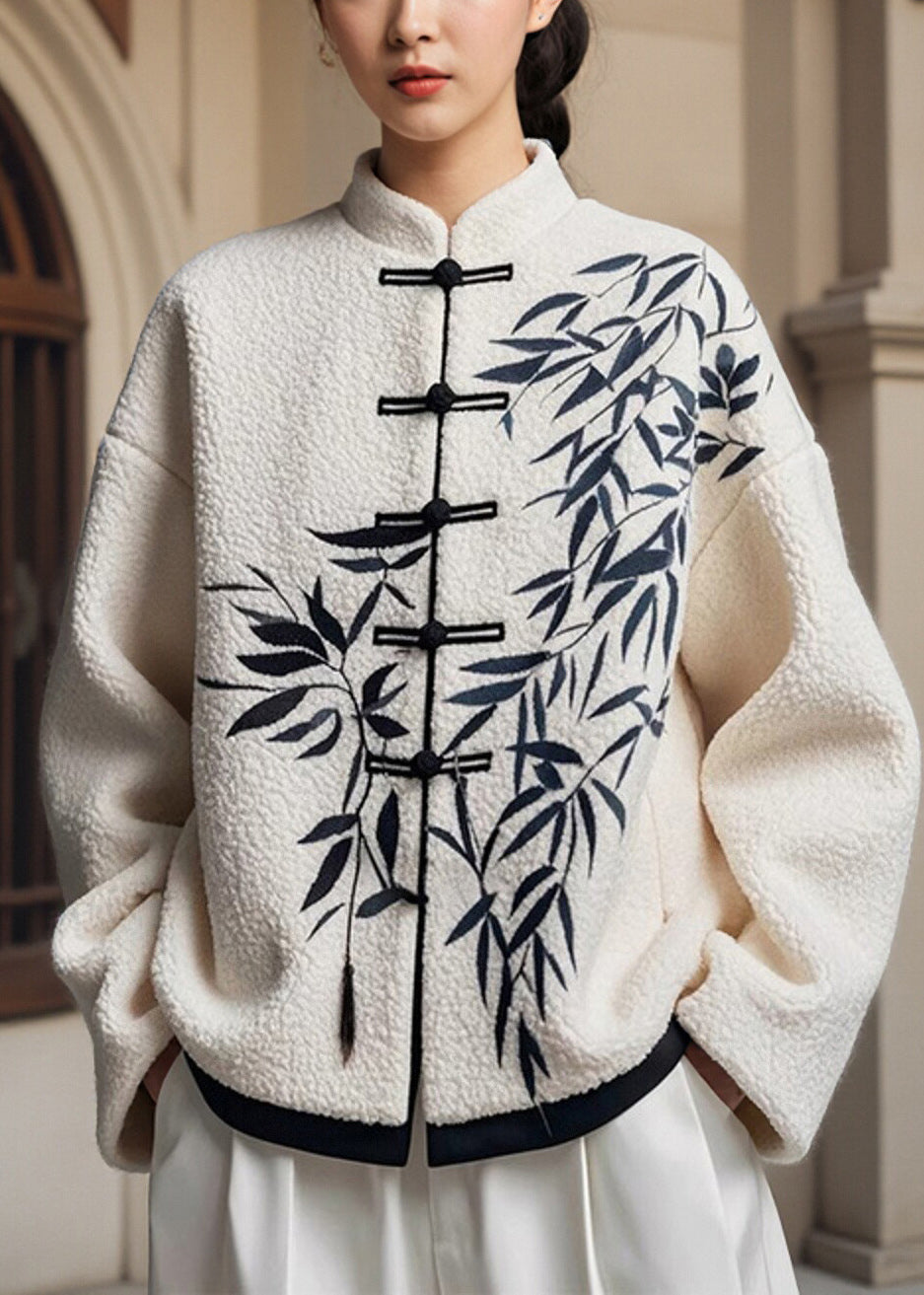 Art White Chinese Button Bamboo Print Faux Fur Jackets Winter YH031