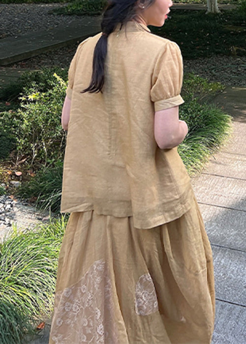 Tops Pieces Art Lace Skirts And Set Summer Yellow Patchwork Two