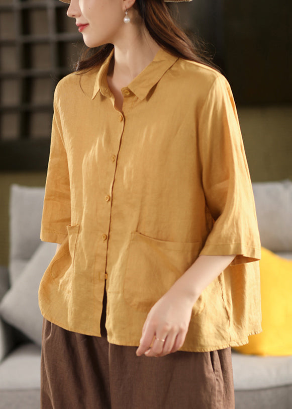 Linen Yellow Pockets Bracelet Peter Blouse Sleeve Pan Art Collar
