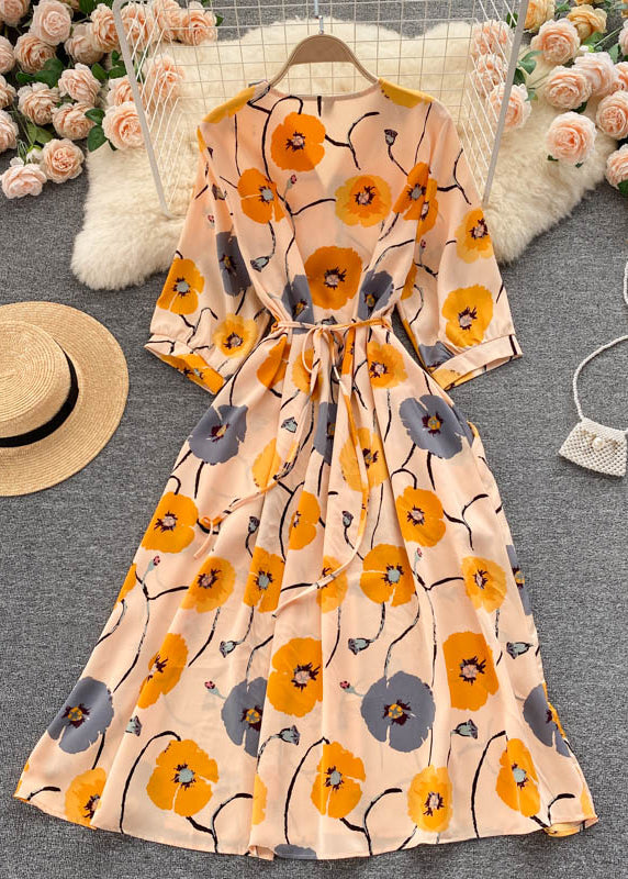 Schöne schwarze V-Ausschnitt Print Chiffon Kleider Halbarm TR040