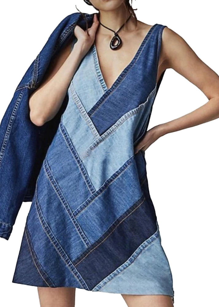 Denim Blue Dress Neck Beautiful Patchwork V Sleeveless