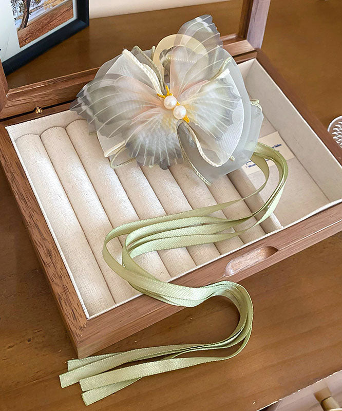 Hairpin Fabric Ribbon Green Acrylic Beautiful Pearl Bow