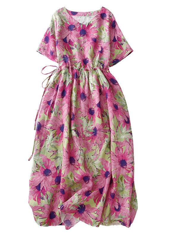 Summer Pink Cinched Vacation Print Dresses Linen Beautiful