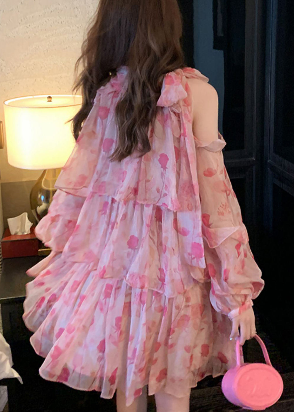 Mid Beautiful Cold Print Pink Summer Shoulder Dress Chiffon