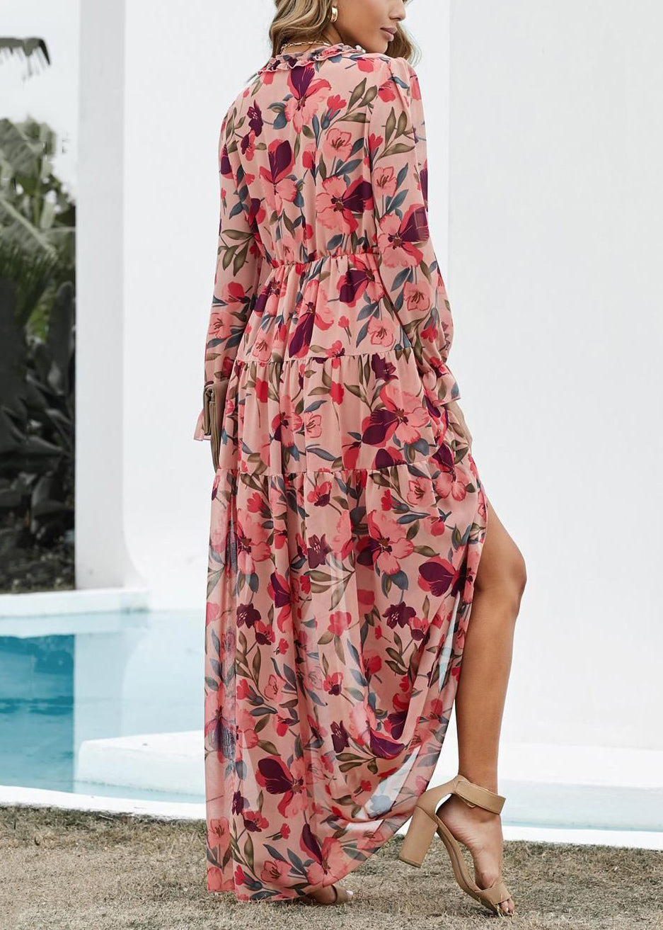 Ruffled Pink Long Neck Print V Chiffon Beautiful Spring Dress