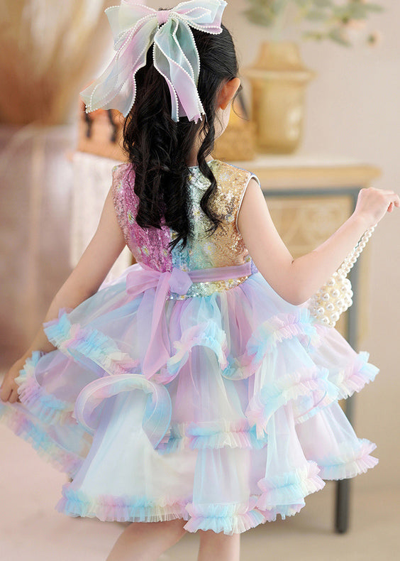 Beautiful Rainbow O-Neck Tulle Kids Maxi Dress Sleeveless YE016