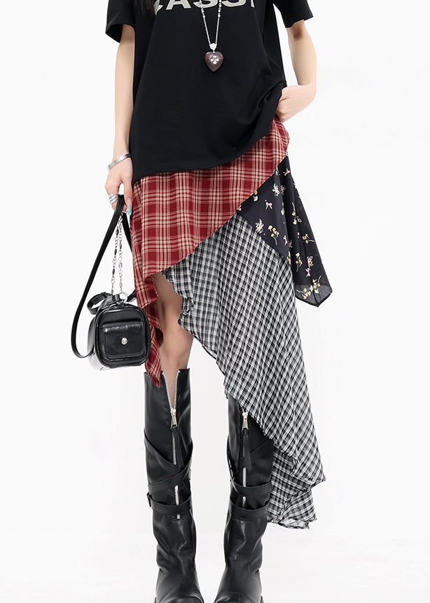 Red Beautiful Plaid Skirts Summer Asymmetrical Cotton