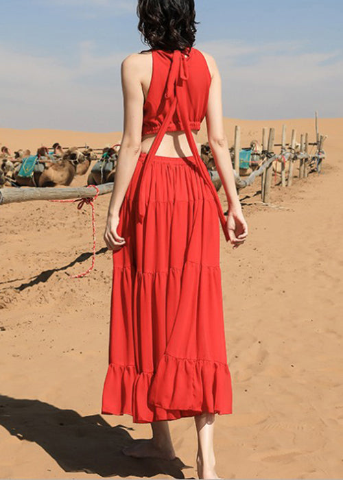 Red Long Beautiful Up Sleeveless Chiffon Embroidered Dress Lace