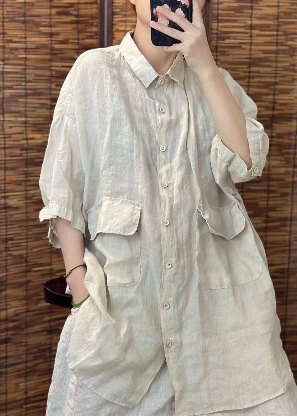 Beautiful Pockets Linen Summer Oversized Red Blouses