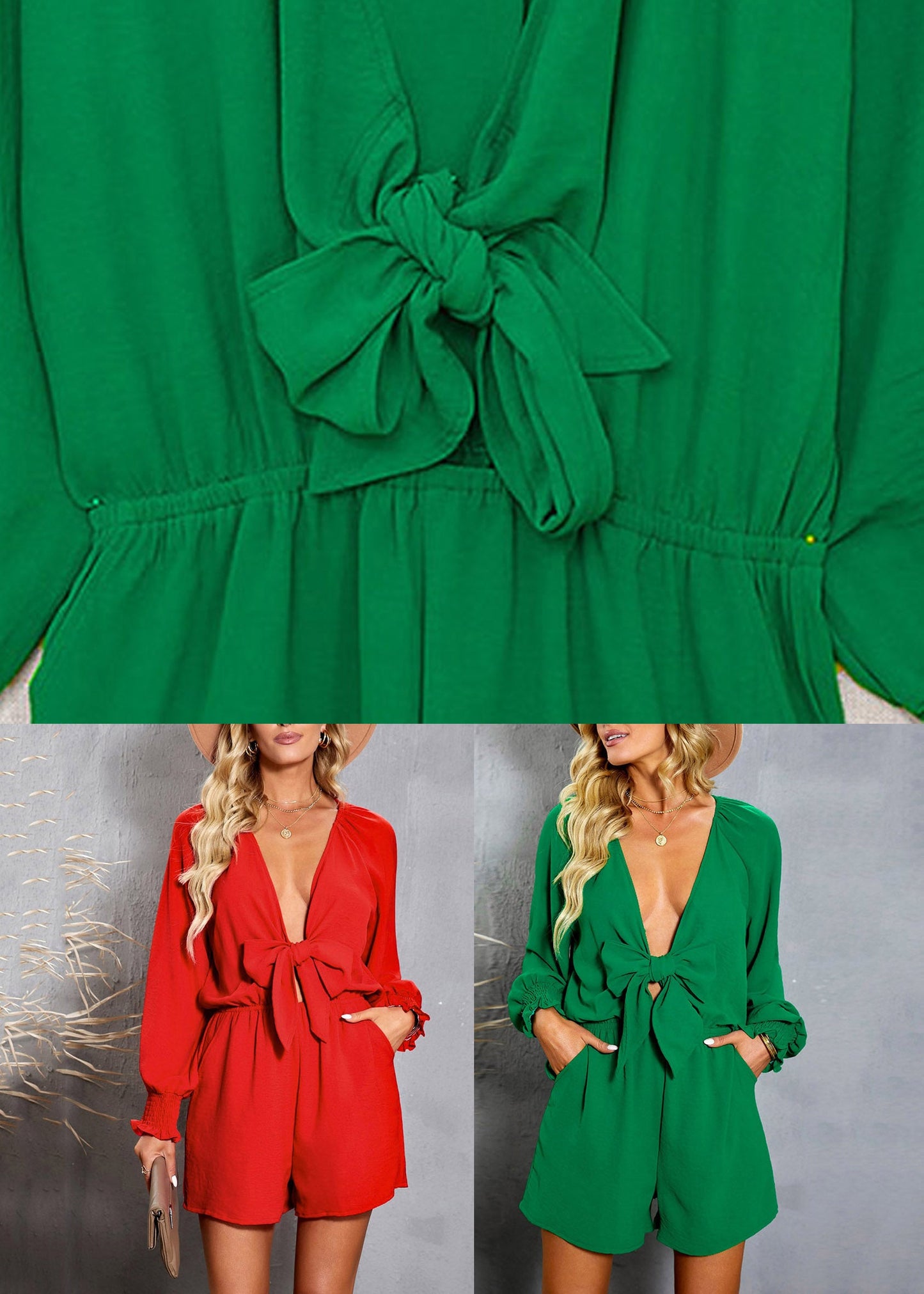 V Neck Jumpsuit Patchwork Red Solid Beautiful Fall