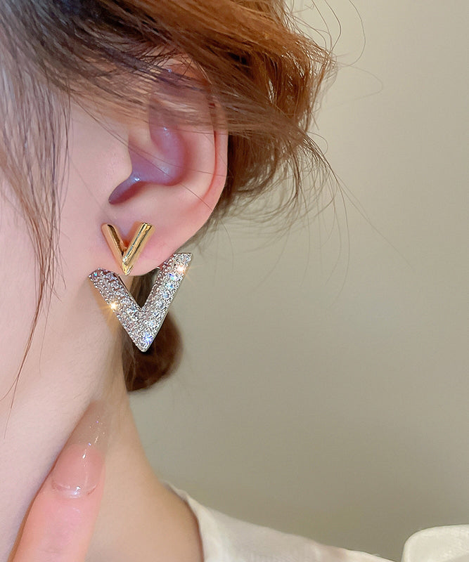 Beautiful White Copper Zircon Graphic V Shape Stud Earrings YX021