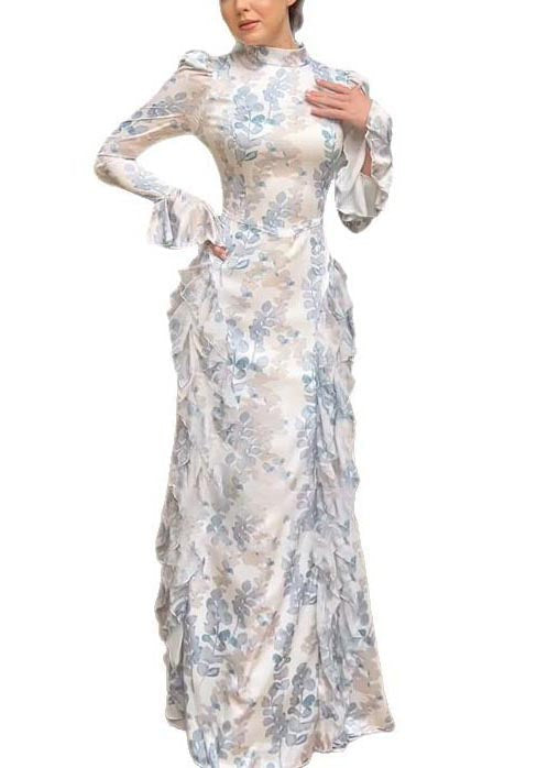 Ruffles Beautiful Long Spring White Print Chiffon Dresses