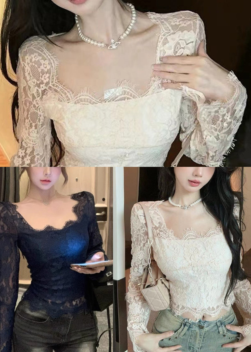 Beautiful White Square Collar Silm Fit Lace Tops Spring YP024