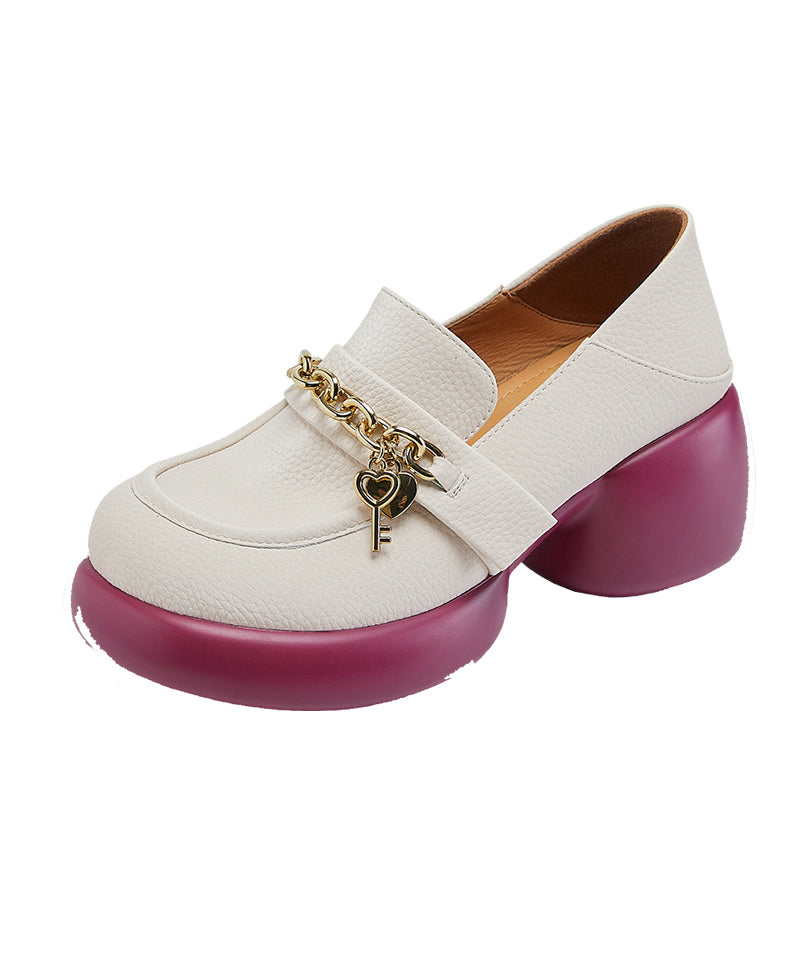 Platform Beige Shoes Cowhide Loafer Leather Splicing