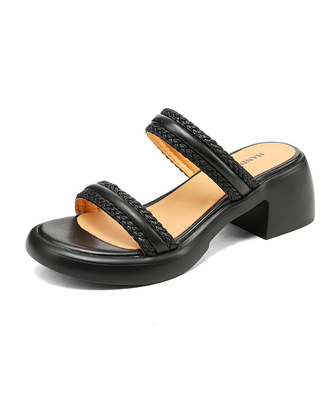 Toe Peep Beige Cowhide Leather Slide Splicing Sandals