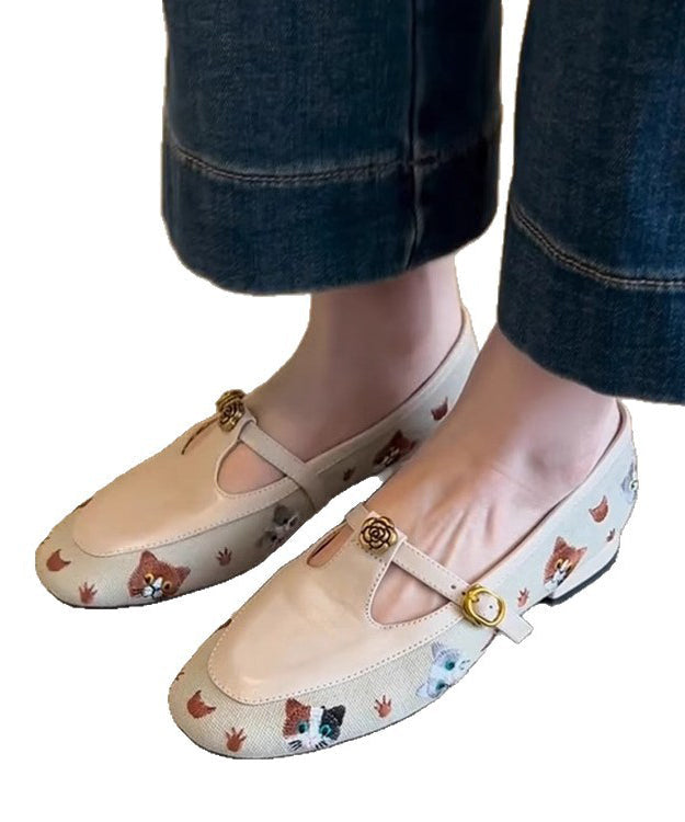 Hollow Flat Embroidered Faux Leather Shoes Out Beige