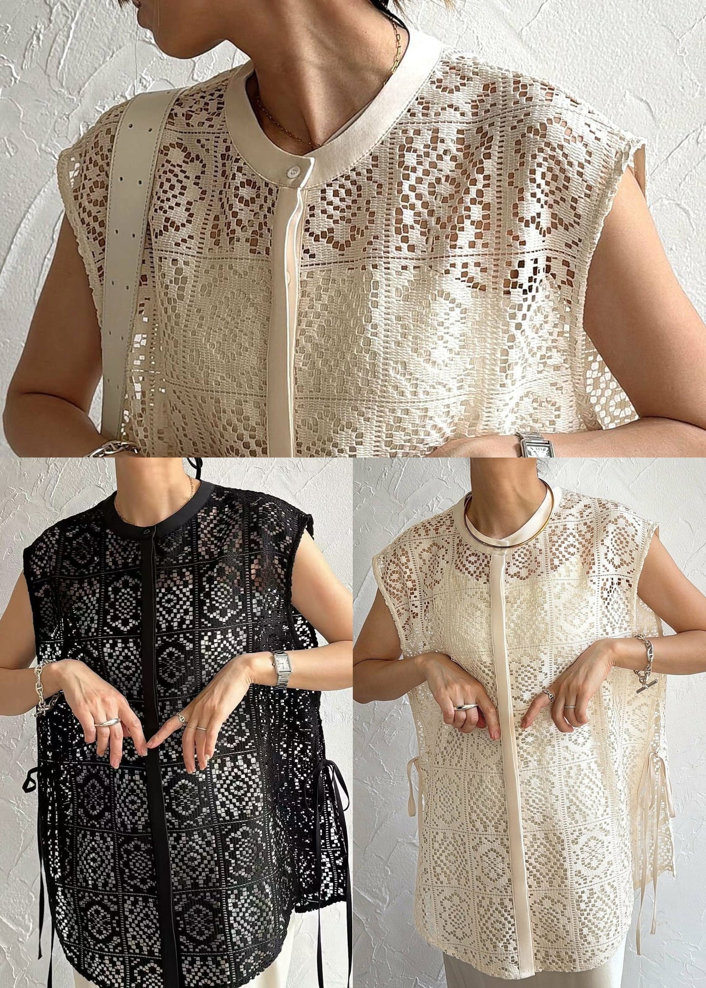 Sleeveless Vests Hollow Up Oversized Lace Out Beige