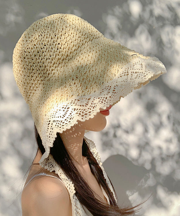Beige Lace Brimmed Women Woven Large Summer Sun Straw Hat