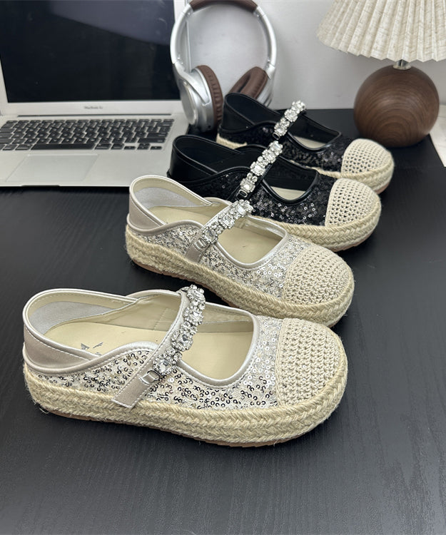 Strap Shoes Beige Sequins Flat Zircon Buckle Splicing Platform