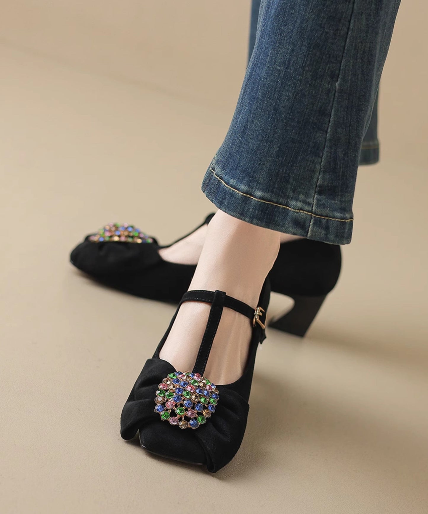 Black High Zircon Bow Suede Heels Buckle Chunky Strap Splicing
