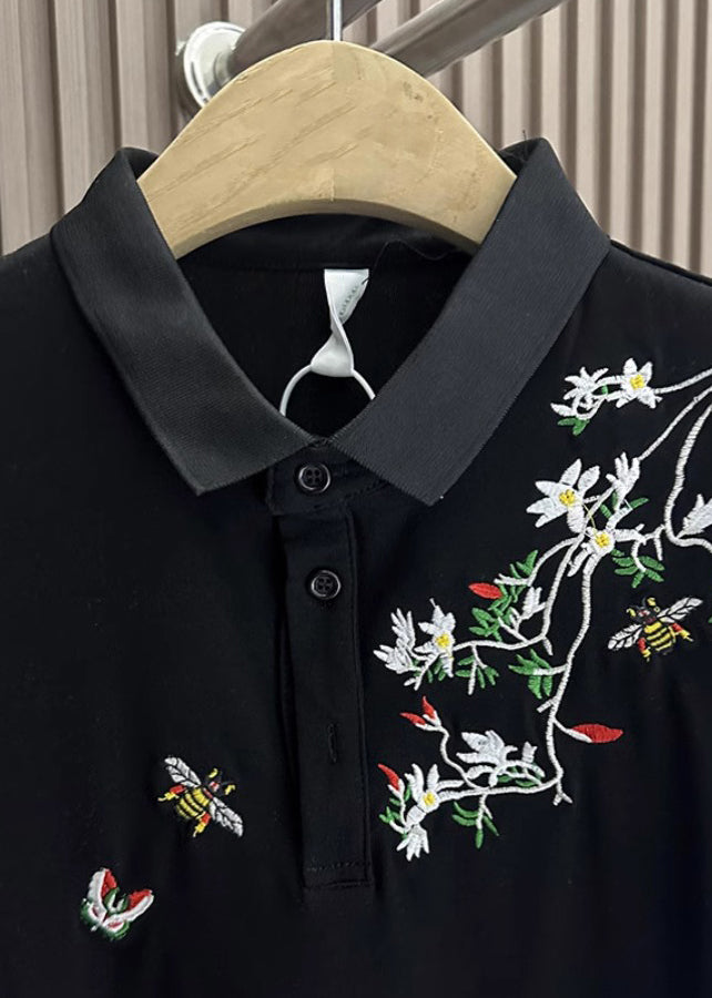 Shirts Polo Mens Summer Cotton Black Button Embroideried