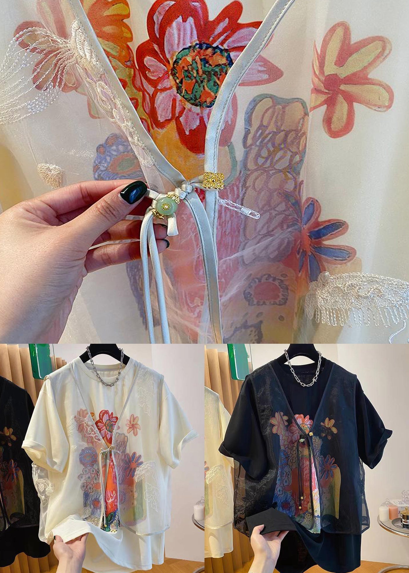 Black Button Print Two Pieces Set O Neck Short Sleeve SS009