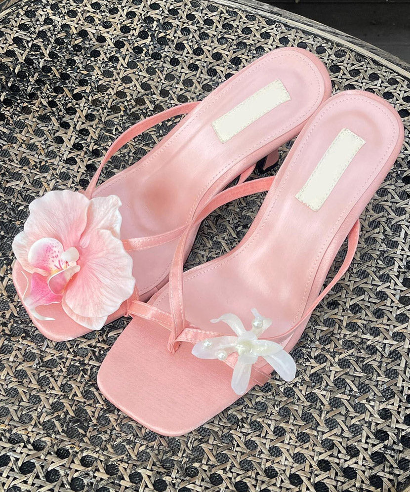 Stylish Floral Splicing Sandals Chunky Slide Leather Black Faux