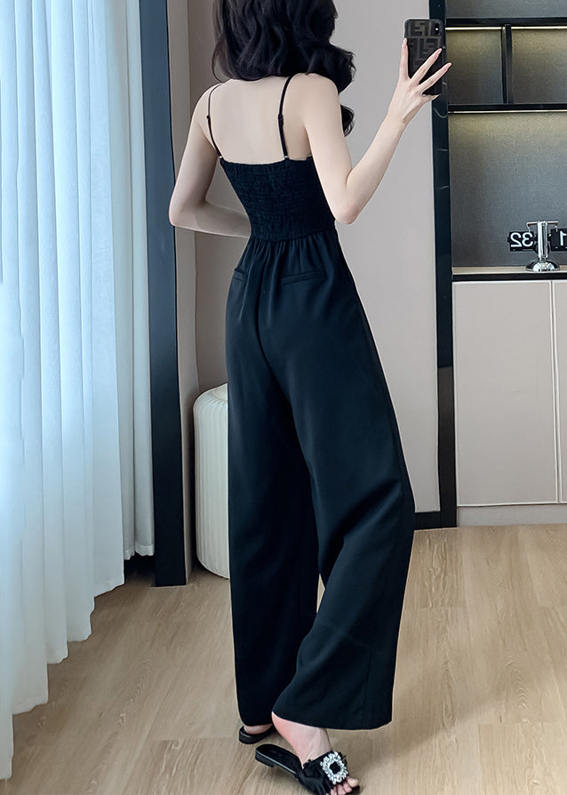 Jumpsuits Shoulder Silk Sleeveless Cold Black Pockets Solid