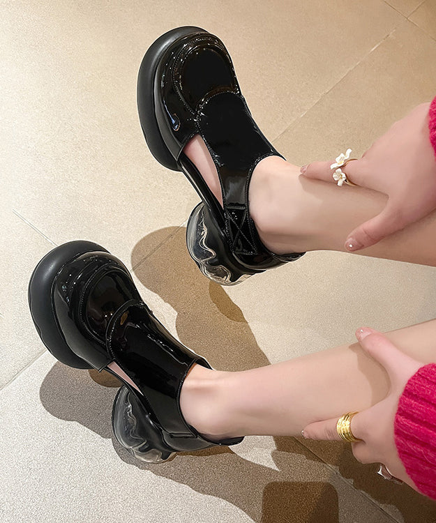 Chic Black Hollow Loafers Out Cowhide Leather Platform Splicing