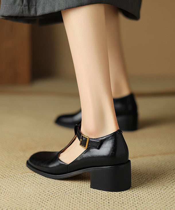 Out Hollow Black Shoes Splicing Chunky Cowhide Leather